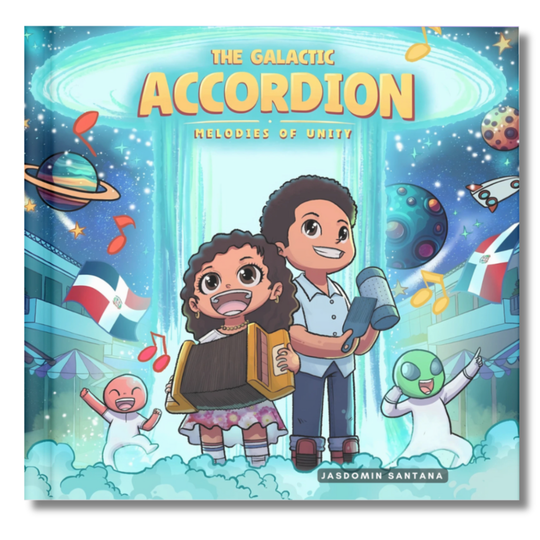 Children holding a colorful accordion and microphone with Dominican flags in a cosmic, musical scene.